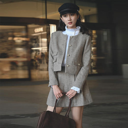 【顺丰包邮】99631 洛诗琳高级感羊毛呢小香外套毛呢裤裙两件套611 商品图0