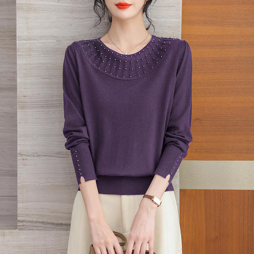 CC-YLSB-40626圆领针织衫上衣女2024秋季新款设计感钉珠宽松时尚毛衣打底衫 商品图1