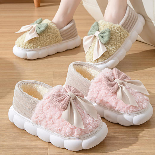 【棉拖鞋女蝴蝶结踩屎感】秋冬季厚底防滑棉鞋 室内轻便毛绒保暖毛托月子鞋 商品图1