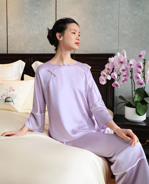 皇锦22姆米重磅真丝长袖经典分身家居服套装-素色经典HJ21507 商品图0