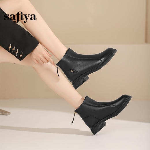 Safiya/索菲娅2024冬季休闲圆头粗跟时尚百搭羊皮后拉链短踝靴 SF44116139 商品图5
