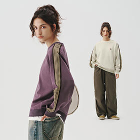 714street麂皮绒织带美式复古卫衣男女同款套装2024秋季新款上衣