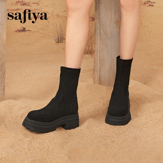 Safiya/索菲娅2024冬英伦风圆头百搭粗跟厚底增高弹力绒面瘦瘦靴 SF44116254 商品图0