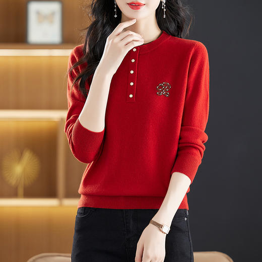 CC-DW-690短款长袖100纯羊毛衫女2024新款秋冬简约圆领打底衫针织毛衣 商品图0