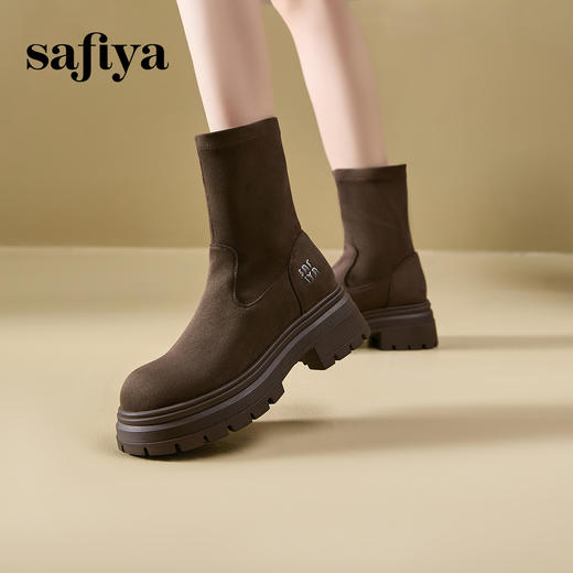 Safiya/索菲娅2024冬英伦风圆头百搭粗跟厚底增高弹力绒面瘦瘦靴 SF44116254 商品图7