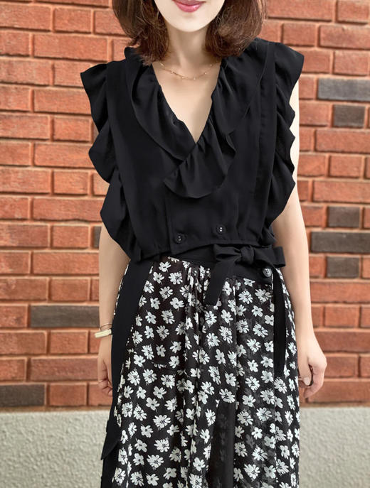 TYNVIE 宽花边装饰双排扣上衣-黑色 商品图5