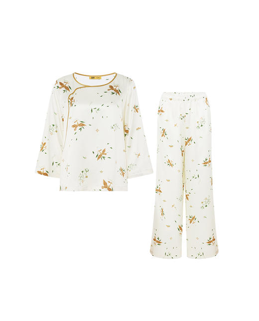 皇锦19姆米真丝印花女士经典中式领长袖分身家居服套装-飞鸟衔花HJ21509 商品图5