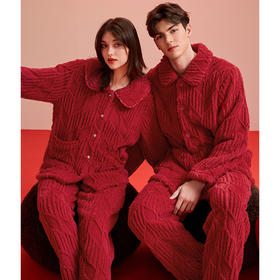 芬腾珊瑚绒情侣睡衣秋冬季加厚套装女红色本命年法兰绒男士家居服