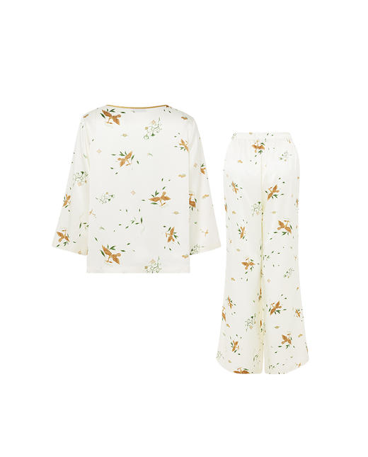 皇锦19姆米真丝印花女士经典中式领长袖分身家居服套装-飞鸟衔花HJ21509 商品图3