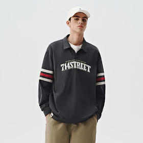 714street美式复古学院风polo衫男女2024秋季新款宽松印花长袖T恤