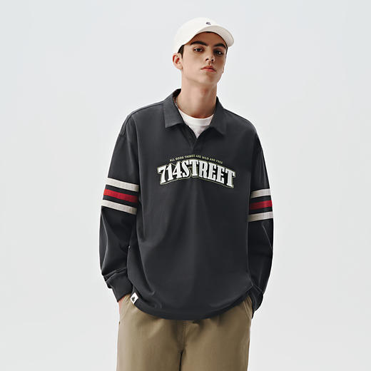 714street美式复古学院风polo衫男女2024秋季新款宽松印花长袖T恤 商品图0