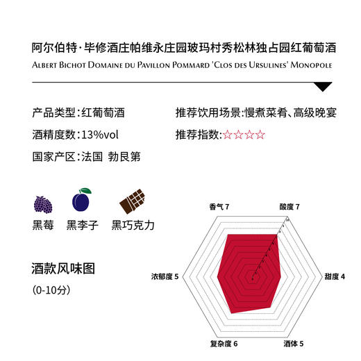阿尔伯特·毕修酒庄帕维永庄园玻玛村秀松林独占园红葡萄酒Albert Bichot Domaine du Pavillon Pommard 'Clos des Ursulines' Monopole 商品图1