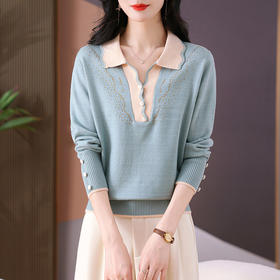 CC-MS-6915    2024早秋羊毛针织衫上衣女减龄翻领宽松毛衣打底衫批发