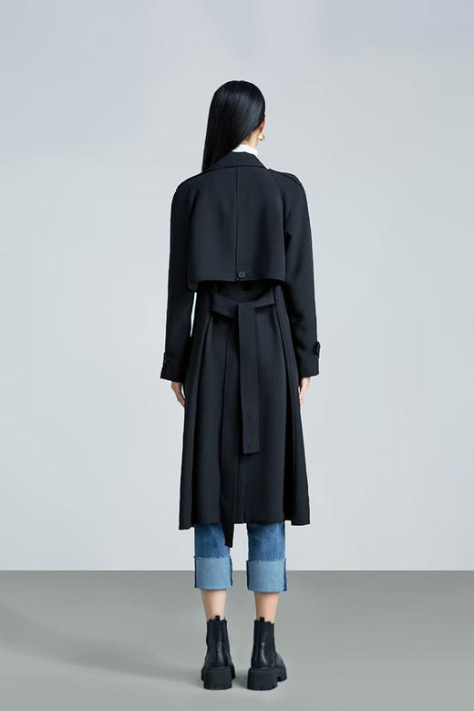 伯妮斯茵 | 极简通勤风 黑色垂感长款风衣 翻领无扣系带外套 春秋气质百搭大衣 HJ3D50 商品图4
