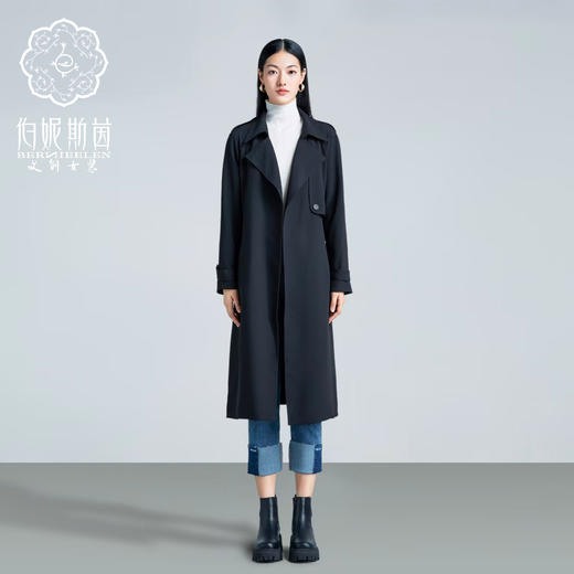 伯妮斯茵 | 极简通勤风 黑色垂感长款风衣 翻领无扣系带外套 春秋气质百搭大衣 HJ3D50 商品图0