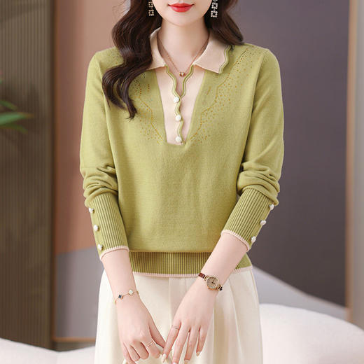 CC-MS-6915    2024早秋羊毛针织衫上衣女减龄翻领宽松毛衣打底衫批发 商品图2