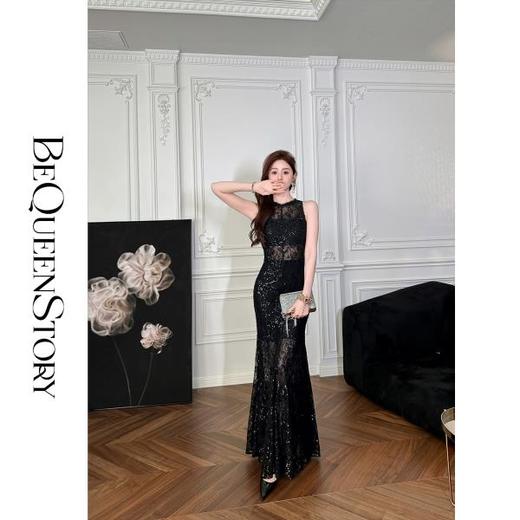 BeQueenStory【花影万人迷】高级感透明网纱搭配重工绣片性感连衣裙 商品图0