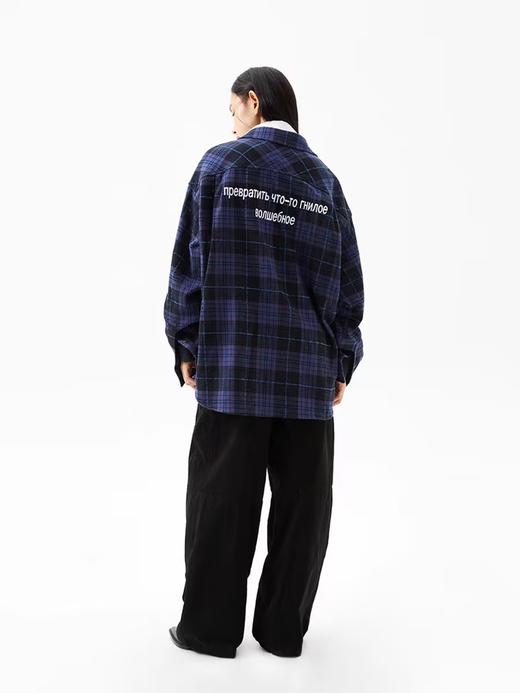FMACM/CS2420/尼龙拼接俄文链条绣法兰绒格纹磨毛宽松长袖衬衫 商品图2