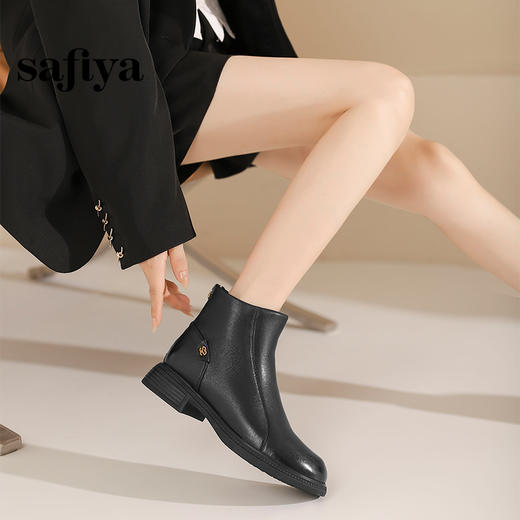 Safiya/索菲娅2024冬季休闲圆头粗跟时尚百搭羊皮后拉链短踝靴 SF44116139 商品图6