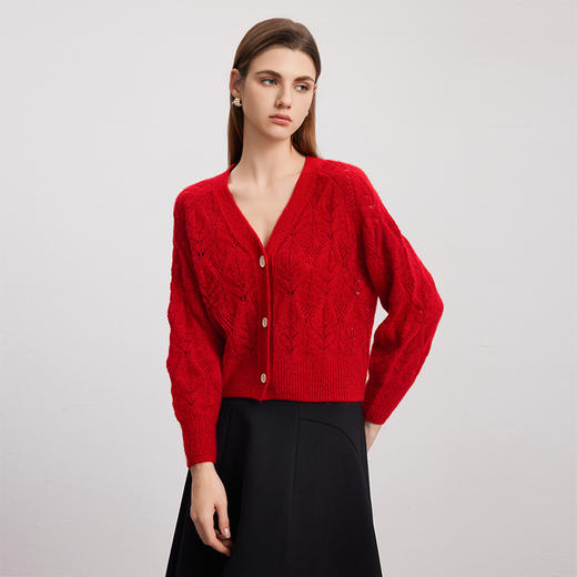 【羊绒+桑蚕丝针织开衫】羊绒世家秋冬新品V领针织开衫时尚镂空针织小外套 商品图1
