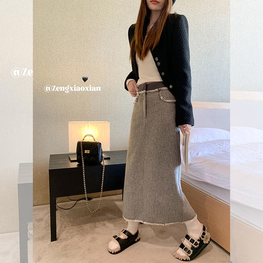 <曾小咸推荐>温柔毛边设计小香风高腰半身裙 商品图3