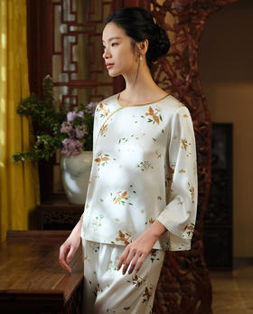 皇锦19姆米真丝印花女士经典中式领长袖分身家居服套装-飞鸟衔花HJ21509