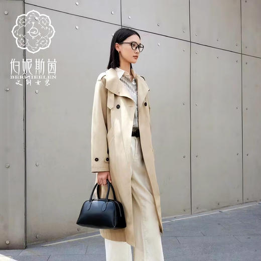 伯妮斯茵 | 经典英伦风 卡其色双排扣系带风衣 立领长款过膝外套 春秋气质通勤大衣 HJ3D51 商品图0
