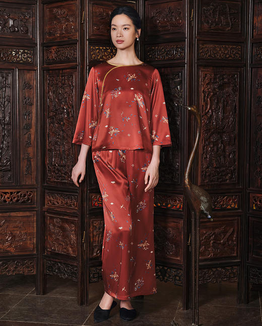 皇锦19姆米真丝印花女士经典中式领长袖分身家居服套装-飞鸟衔花HJ21509 商品图2
