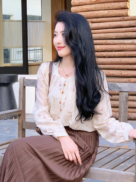 【百图lulu定制】【兰花衬衫】捏褶  圆领印花  天丝混纺衬衫长袖