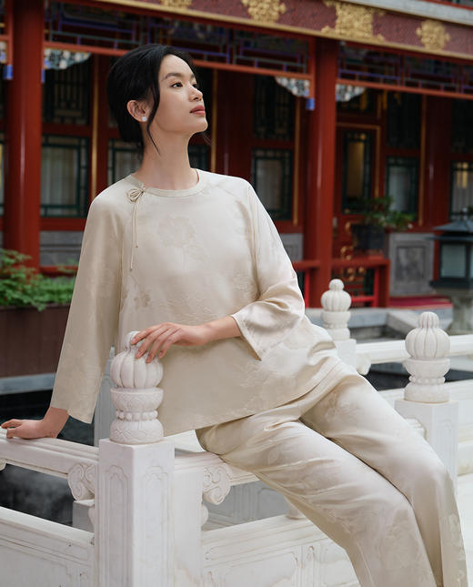 皇锦真丝提花缎七分袖分身家居服套装-花影HJ21501 商品图0