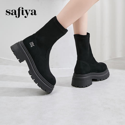 Safiya/索菲娅2024冬英伦风圆头百搭粗跟厚底增高弹力绒面瘦瘦靴 SF44116254 商品图4