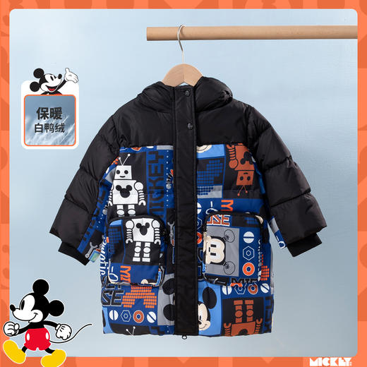 迪士尼【加厚保暖】冬季新品男童撞色中长款羽绒服婴幼儿连帽外套224DS0787 商品图0
