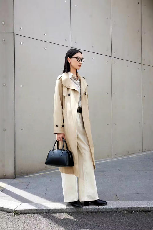 伯妮斯茵 | 经典英伦风 卡其色双排扣系带风衣 立领长款过膝外套 春秋气质通勤大衣 HJ3D51 商品图1