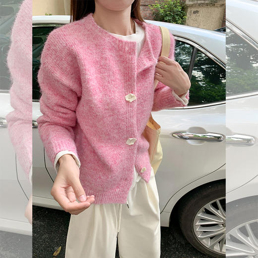 <曾小咸推荐>韩系甜美超显白玫粉色毛衣开衫 商品图3