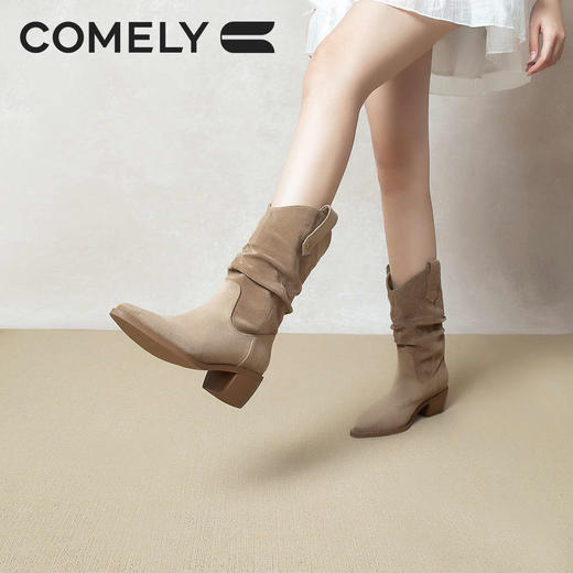 康莉KYQ2K896粗跟堆堆靴冬季新款尖头复古英伦中筒西部牛仔靴骑士靴 商品图2