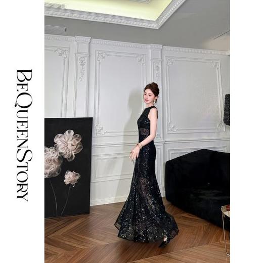 BeQueenStory【花影万人迷】高级感透明网纱搭配重工绣片性感连衣裙 商品图3