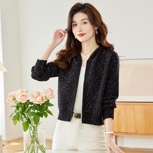 CC-MY-68315连帽羊毛针织外套女士短款2024新款秋冬季小香风上衣毛衣拉链开衫 商品图2