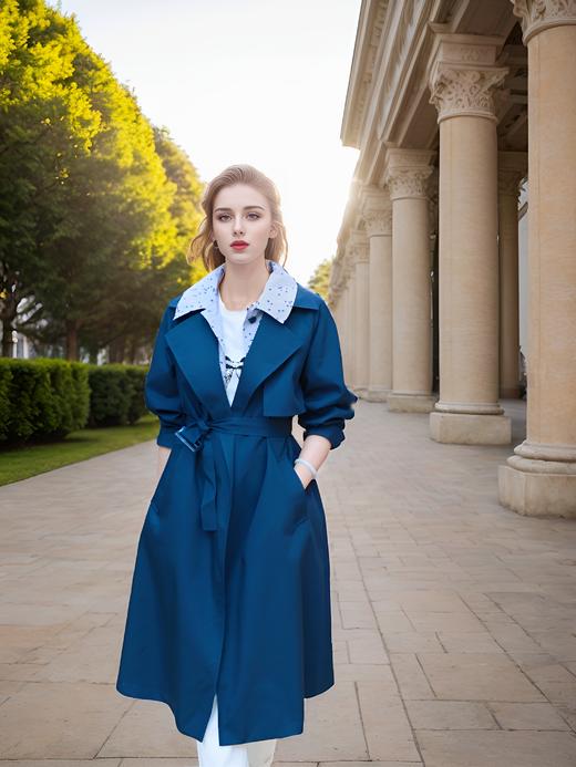 撞色领假两件长款风衣 商品图1