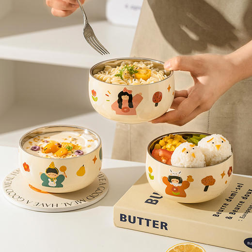 摩登主妇一家三口儿童碗餐具宝宝吃饭专用辅食碗食品级不锈钢饭碗 商品图0