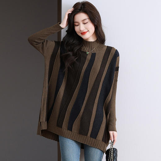 MH-280半高领中长款拼色大码毛衣女秋冬新款时尚长袖前短后长羊毛针织衫 商品图1