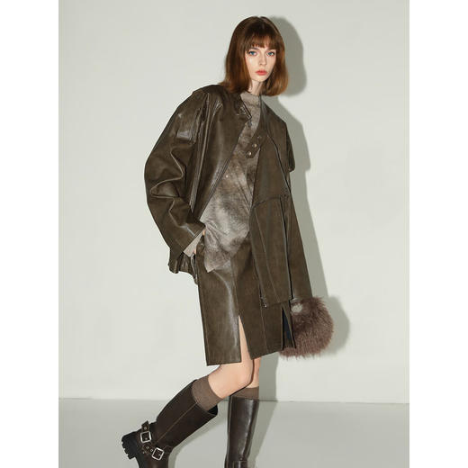 【专属秒杀】COCOBELLA手工擦色PU皮衣时尚两穿外套女廓形机车夹克PU3002 商品图3