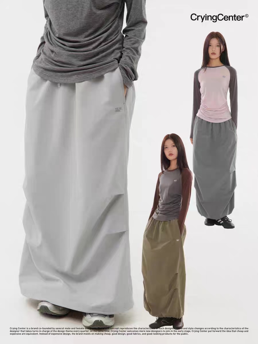 CryingCenter 卡其灰橡筋腰抽绳空气工装长半裙 哭喊中心