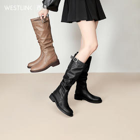 西遇长筒靴女堆堆靴新款秋冬单靴复古显瘦奶茶色圆头厚底长靴V3947745