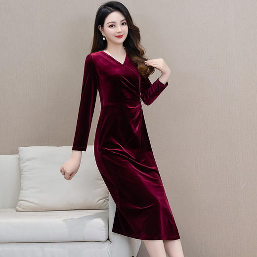 时尚气质褶皱收腰裙，中长款红色连衣裙QYM-LRX-DY1124X21-Y 商品图1