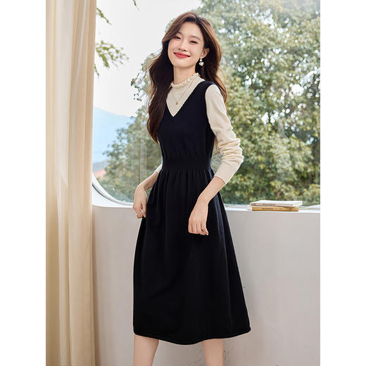 【专属特价】熙世界法式撞色花边领拼接打底假两件针织连衣裙女2025秋冬新款 商品图2