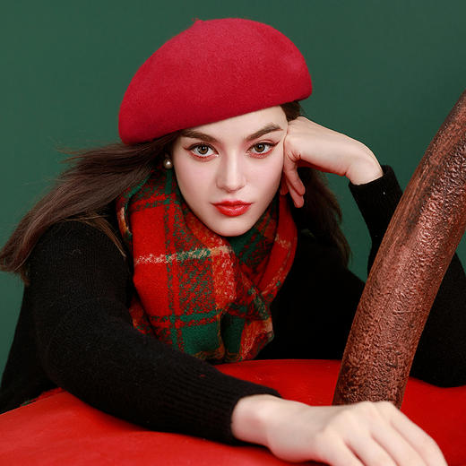 三彩2024新款秋冬绵羊毛贝雷帽保暖帽子本命年红色帽显脸小复古 商品图1