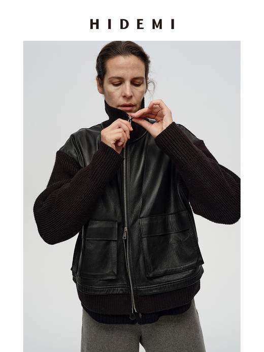 HIDEMI 进口肌理感山羊皮立领拉链拼接立体大口袋针织拼接飞行员外套短款大衣皮衣 商品图3
