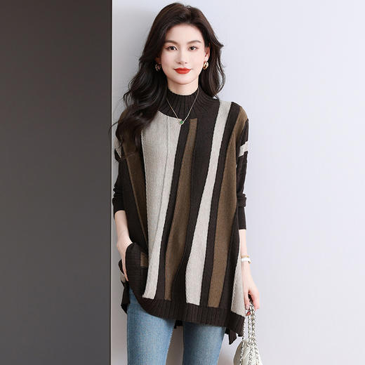 MH-280半高领中长款拼色大码毛衣女秋冬新款时尚长袖前短后长羊毛针织衫 商品图0