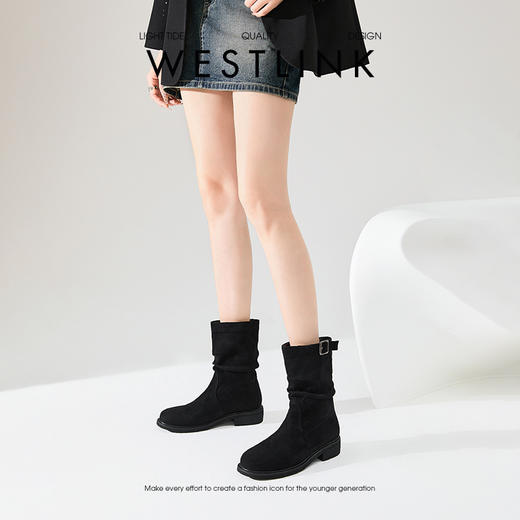 西遇绒面短靴女2025新款秋冬圆头复古马丁靴宽筒显瘦粗跟堆堆靴子D3747701 商品图3