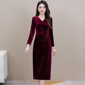 时尚气质褶皱收腰裙，中长款红色连衣裙QYM-LRX-DY1124X21-Y